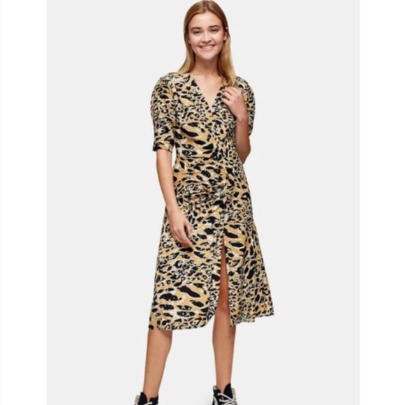 NWOT Leopard Print Mock Wrap Midi Dress - Picture 1 of 6